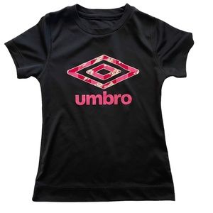 Umbro girl athletic tee, black and pink, sz kids XS.